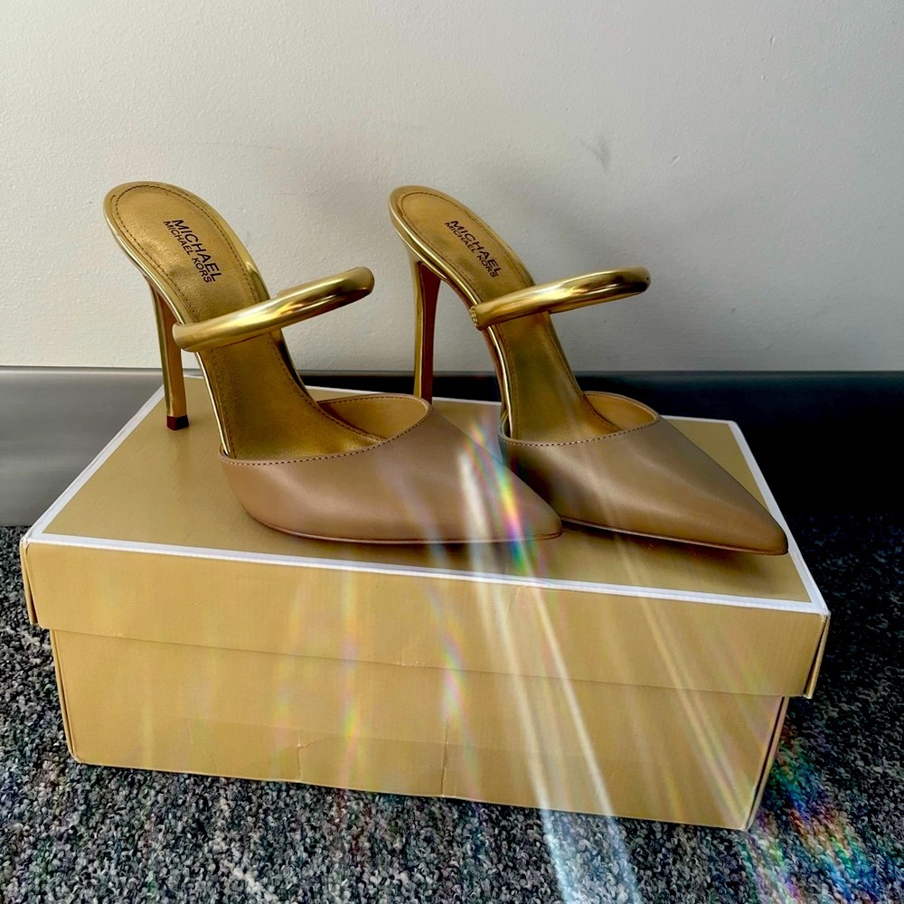 Michael Kors Tan and Gold Pointed-Toe Stiletto Mules